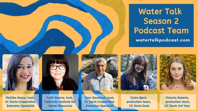 Water Talk hosted by Mallika Nocco, Faith Kearns, and Sam Sandoval, production support from Claire Bjork and Victoria Roberts. watertalkpodcast.com [image: blue and yellow topographic lines on a yellow background with small pictures of 5 people, two women with long dark hair, a man with short grey hair, and two young women with long light hair.]