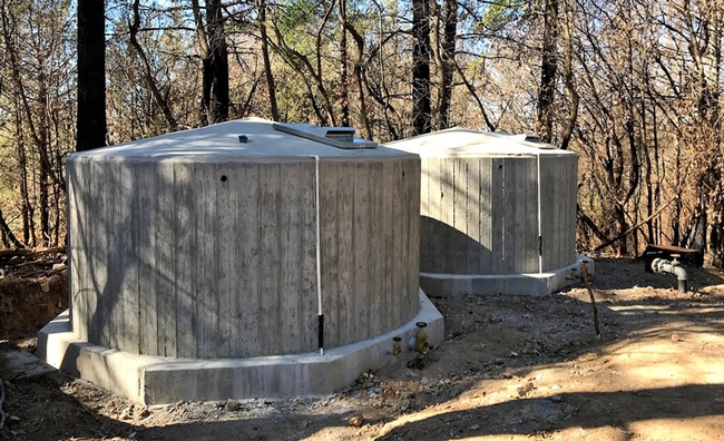 Concrete water supply tanks after the Tubbs Fire complex in 2017. Photo by Faith Kearns.