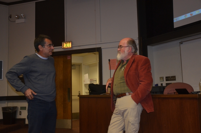 Roberto Botelho (left), Brazilian conservation agriculture researcher from Sao Paolo state and Angus Wright, Emeritus Professor of Environmental Studies at California State University, Sacramento at seminar presentation of Wright at Fresno City College, February 22, 2018