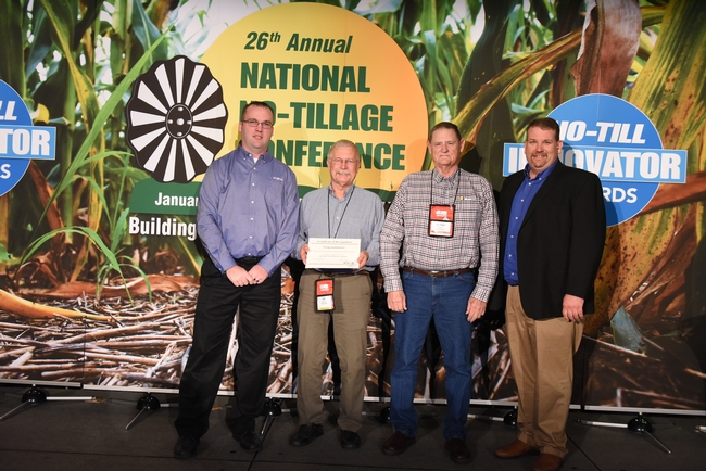 CASI Workgroup members Jeff Mitchell (second from left), Michael Crowell (third from left), and Monte Bottens (right) receiving National No-till Farmer 2017 Organization Innovator acknowledgement at the 2018 Annual Conference of the Association in Louisville, KY, January 23, 2018