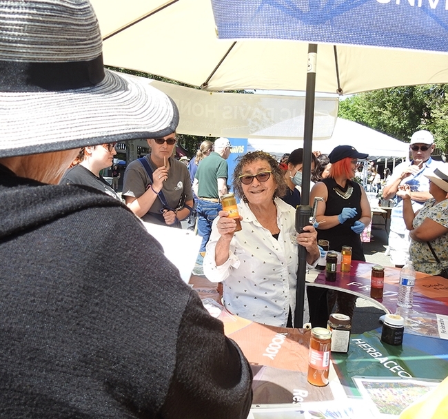 Amina Harris discussing her Honey Flavor Wheel at the California Honey Festival, which she co-founded. (Photo by Kathy Keatley Garvey)
