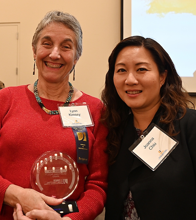 UC Davis distinguished professor Lynn Kimsey (left) with Joanna Chiu, professor and chair of the UC Davis Department of Entomology and Nematology. (Photo by Kathy Keatley Garvey)
