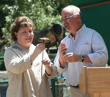 Ed Lewis, professor and vice chair of the UC Davis Department of Entomology and Nematology, presents bee art to Debbie Jamison, State Regent of California State Society of the Daughters of the American Revolution. The art is the work of self-described “rock artist” and beekeeper Donna Billick. (Photo by Martha Ozonoff)