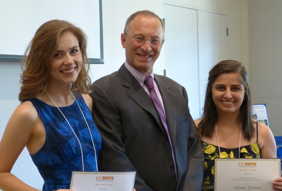 Kristina Tatiossian (far right) with Provost Ralph Hexter and Lindsey Black. (Photo courtesy of UC Davis Undegraduate Education)