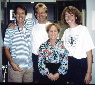 Bryony Bonning (far right) in her postdoc days at UC Davis. With her (from left) are her major professor Sean Duffey (1943-1997); Billy McCutchen and Kelli Hoover.
