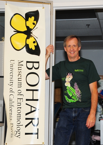 Senior museum scientist Steve Heydon with California dogface butterfly shirt. (Photo by Kathy Keatley Garvey)