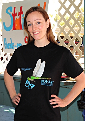 Bohart Museum volunteer Danielle Wishon, a 2013 UC Davis entomology graduate, wearing one of the newest Bohart t-shirts. (Photo by Kathy Keatley Garvey)