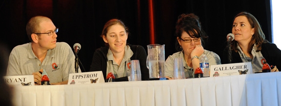 Glene Mynhardt (far right) of the Ohio State Linnaean Team correctly answers a question during the UC Davis-Ohio State competition. The two teams tied several times before Ohio went on to win. Ohio later advanced to the championship game and defeated the University of Nebraska. From left are Ohio State team members Joshua Bryant, Kaitlin Uppstrom, Nicola Gallagher and Glene Mynhardt as they battle UC Davis.