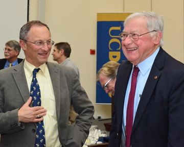 UC Davis Provost and Executive Vice Chancellor Ralph Hexter (left) chats with Charlie Hess, former dean of the UC Davis College of Agricultural and Environmental Sciences.