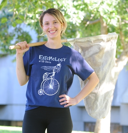 Stacey Rice is wearing the EGSA-winning t-shirt that she designed. It's available online. (Photo by Kathy Keatley Garvey)