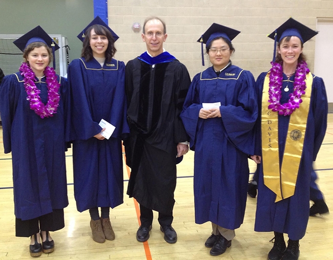 Congratulations to our UC Davis entomology graduates, who received their degrees in a recent fall ceremony. From left are From left are Sonja Glasser, Mariah Quintanilla, Master Advisor Steve Nadler (professor and newly selected chair of the UC Davis Department of Entomology and Nematology), Stephanie Wu, and Christine Melvin.