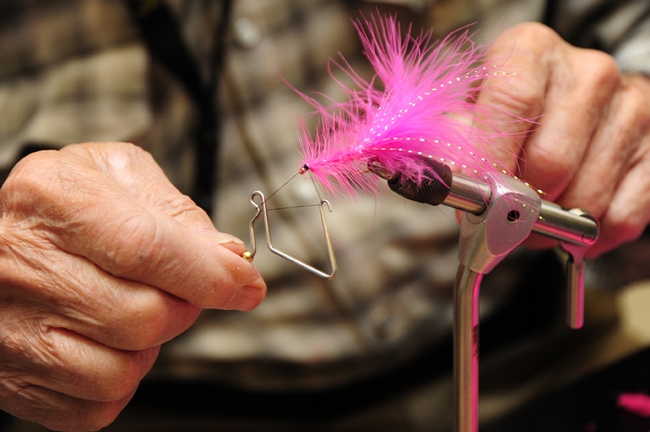 Close-up of fly-tying. (Photo by Kathy Keatley Garvey)