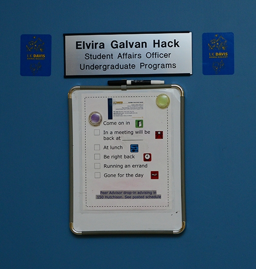Students know that Elvira Galvan Hack's door is always open.(Photo by Kathy Keatley Garvey)