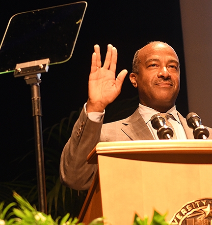 UC Davis Chancellor Gary May, shown here giving the Vulcan salute at his first major address as chancellor in 2017, will deliver the welcoming address at the public awareness webinar on Covid-19. (Photo by Kathy Keatley Garvey)