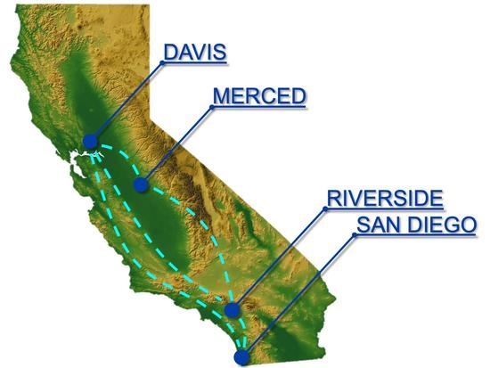 This graphic from UC Riverside shows the campuses that comprise the UC network of bee researchers and engineers.