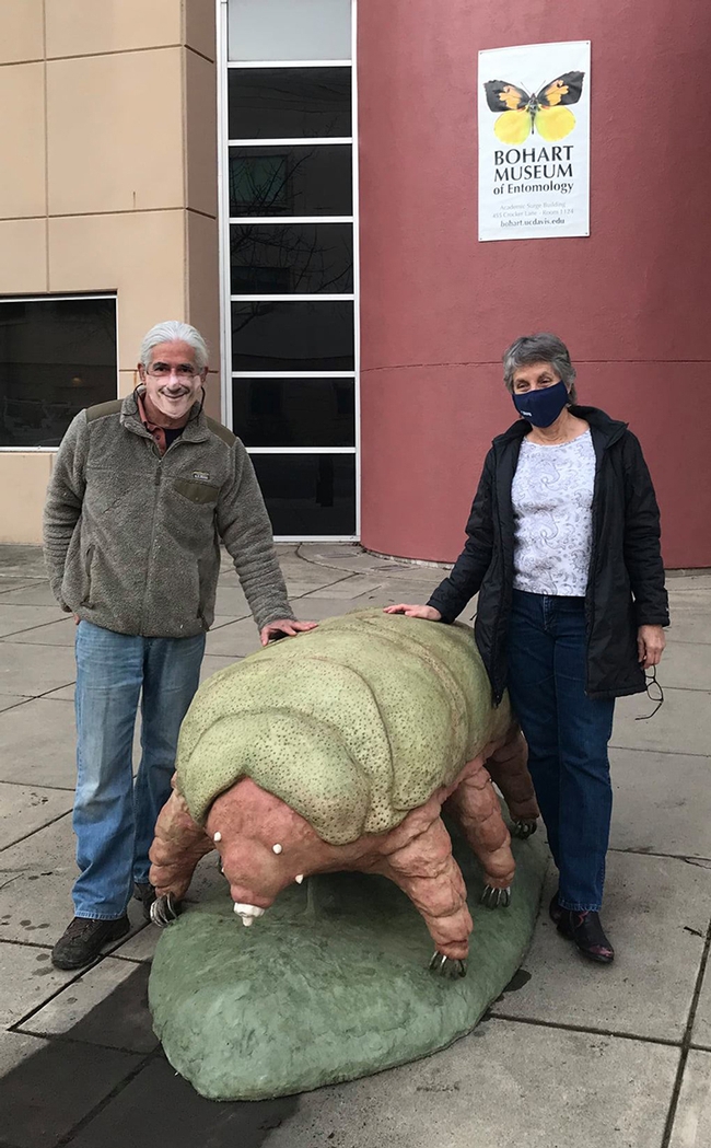 Artist Solomon Bassoff and Bohart Museum director Lynn Kimsey stand by the tardigrade sculpture. (Photo courtesy of Solomon Basshoff)