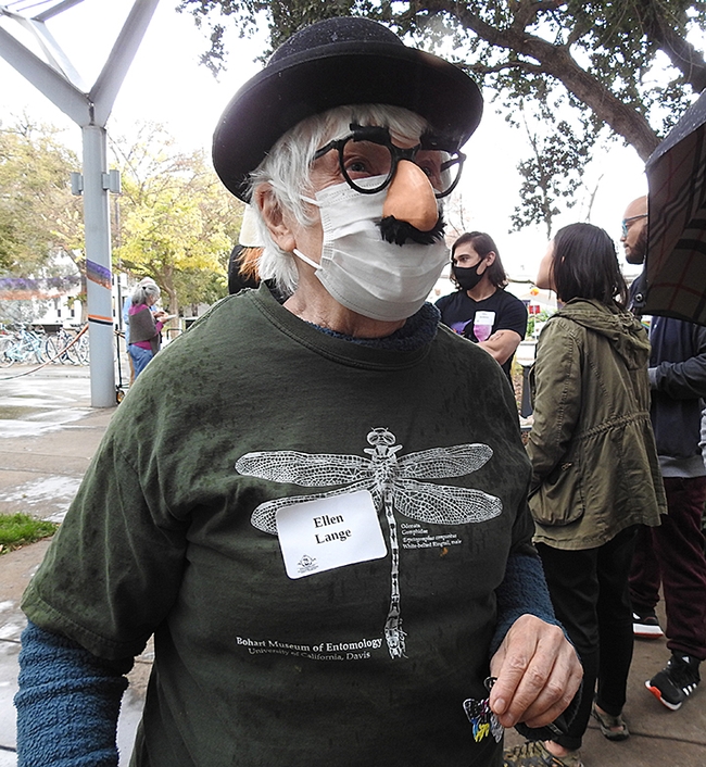 Ellen Lange, UC Davis lecturer in linguistics, arrived in a Groucho Marx costume, complete with mask. Her late husband, Harry Lange, was a UC Davis  emeritus professor of entomology. (Photo by Kathy Keatley Garvey)