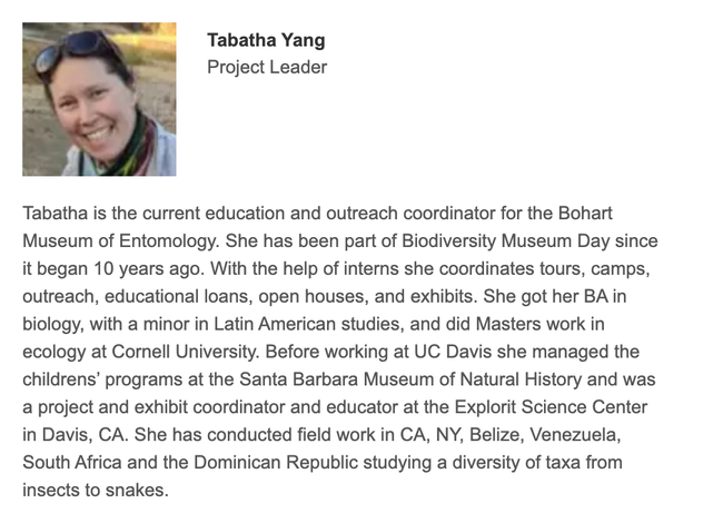 Tabatha Yang of the Bohart Museum of Entomology, project leader