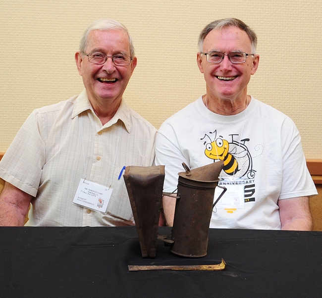 UC Davis emeritus entomology professor Norm Gary (left) and emeritus Extension apiculturist Eric Mussen share a laugh at the 2017 Western Apicultural Center convention at UC Davis. (Photo by Kathy Keatley Garvey)