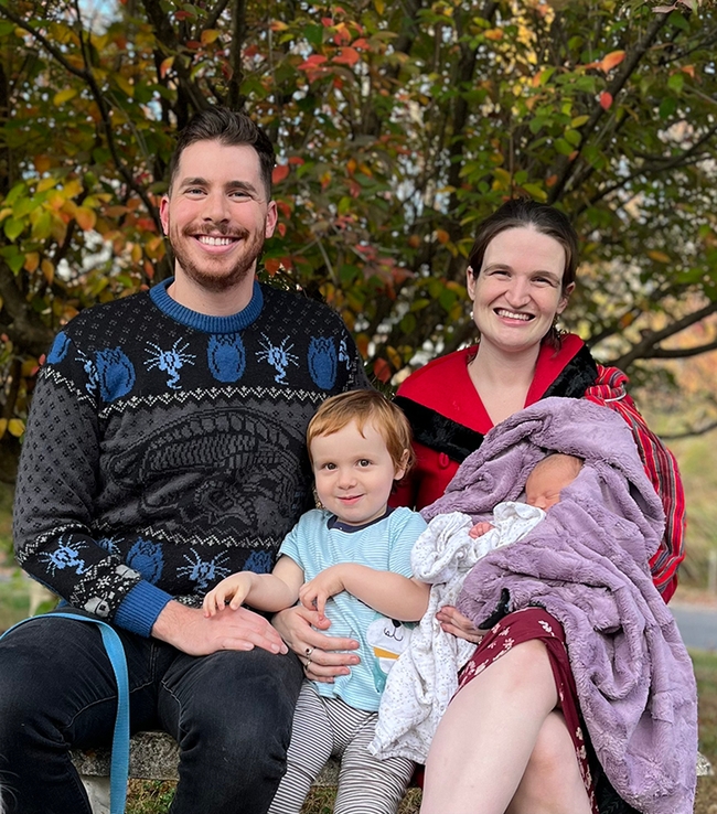 Entomologist doctoral candidate Charlotte Herbert Alberts with her husband, George, son Griffin, then 2.5, and Marcy, then a week old. (Image taken Oct. 28, 2022)