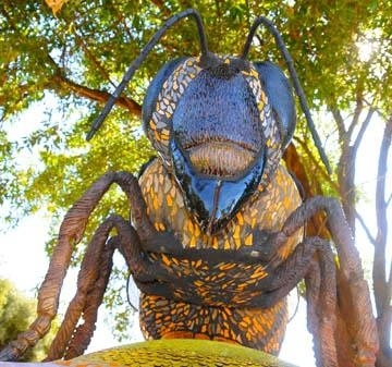 Close-up of Miss Bee Haven, a ceramic-mosaic sculpture in the UC Davis Bee Haven by Donna Billick of Davis. (Photo by Kathy Keatley Garvey)