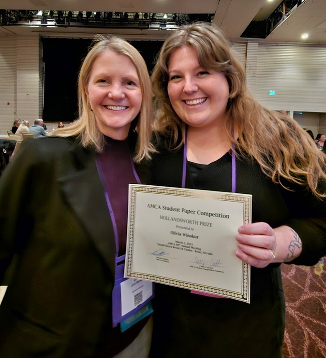 UC Davis postdoctoral scholar Olivia Winokur (right) received the Hollandsworth Prize at the 2023 American Mosquito Control Association conference. With her is her undergraduate research advisor from Cornell, Laura Harrington.