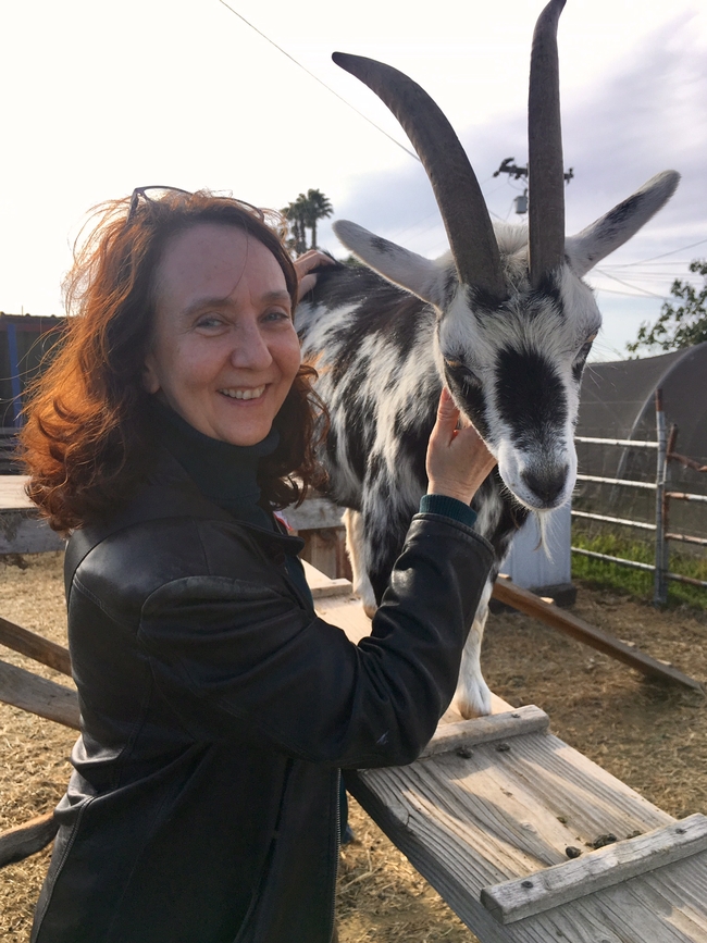 Surls poses with a black and white goat.