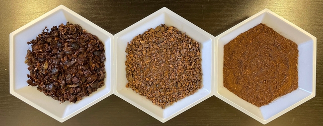 From left to right: wet, dry, and dry and ground grape pomace