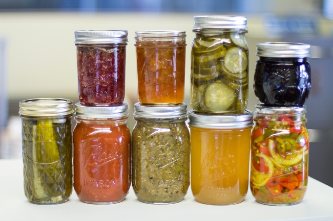 Collection of preserves from a UC Master Food Preserver's Garden. Photo credit: Melissa Womack