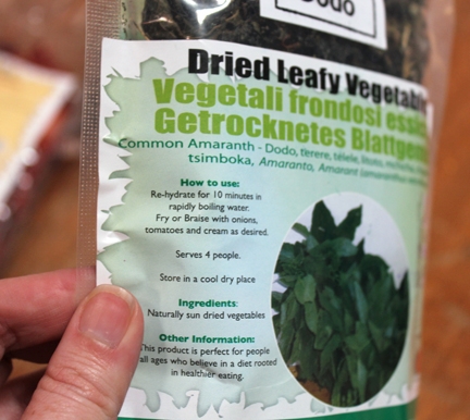close-up of label on clear bag of dark dried leafy vegetables (photo by Brenda Dawson)