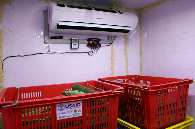 View inside a cold room, with crates of fresh vegetables in front of a wall-mounted air conditioner wired to a CoolBot device. One of the vegetable crates has a sticker on it with logos including USAID.