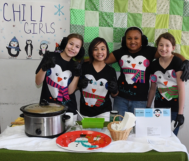 The Chili Girls of the Sherwood Forest 4-H Club, Vallejo, dressed as penguins, await the judges. From left are Julietta Wynholds, Selah Deuz, Celeste Harrison and Hanna Stephens. (Photo by Kathy Keatley Garvey)