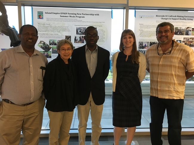 UC ANR Advisors joined the GFI fellows for dinner and discussion on the future of food systems. From left to right: Oli Bachie (Imperial County); Chutima Ganthavorn , (Riverside and San Bernardino); Laurent Ahiablame, (San Diego); Natalie Price (Los Angeles).