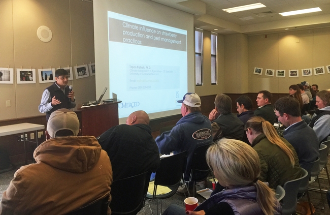 Pathak presents research results to Santa Maria growers in 2018. With input from growers, Pathak is developing a web-based decision support system called Cal AgroClimate, which incorporates historical climate data and future projections. .