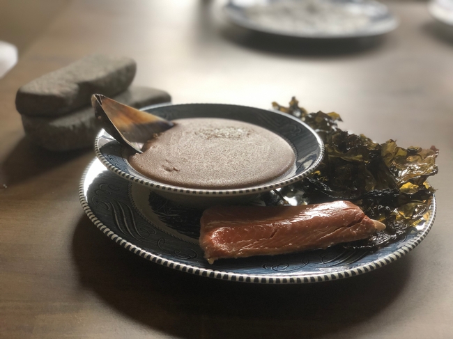 A meal of acorn mush, seaweed and salmon Nelson made in commemoration of his grandfather, who was a member of the Graton Rancheria community. 