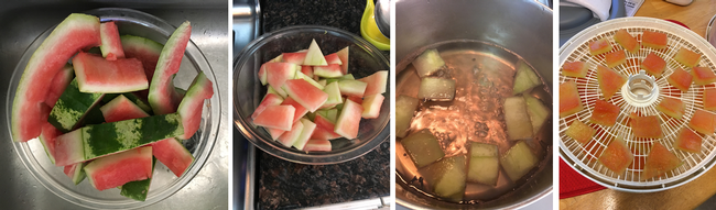 After cuttimg watermelon, save and peel the rinds, cook in a simple syrup, then dry to make a tasty treat. Photo by Sue Mosbacher