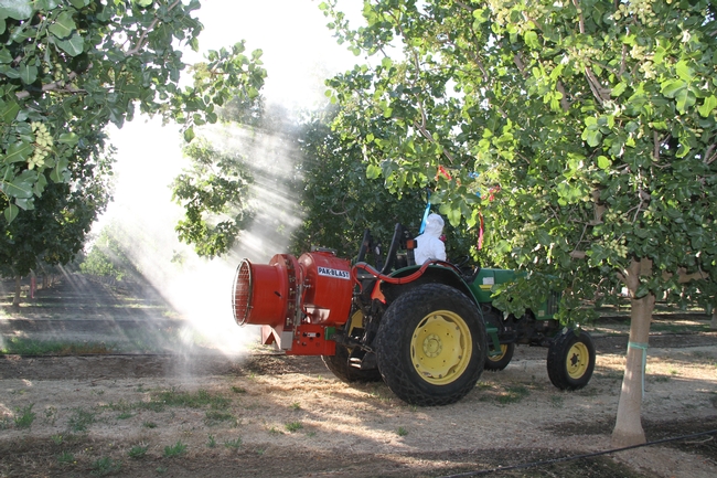 Photo shows a person covered in white protective gear driving a tractor with a sprayer.