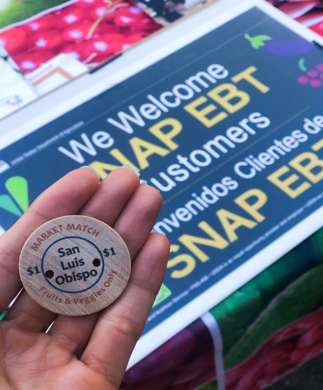 A wooden Market Match coin for fruits & veggies is held in palm of a hand over a sign that says We welcome SNAP EBT.
