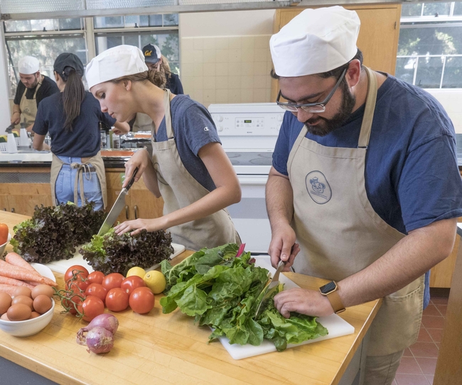 Students in the Cal Teaching Kitchen cut lettuce on a cutting board