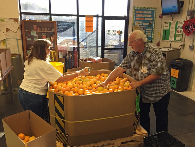 Two food bank volunteers sort oranges.