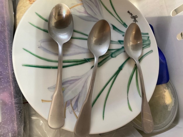 Three metal spoons resting on a plate in the freezer.