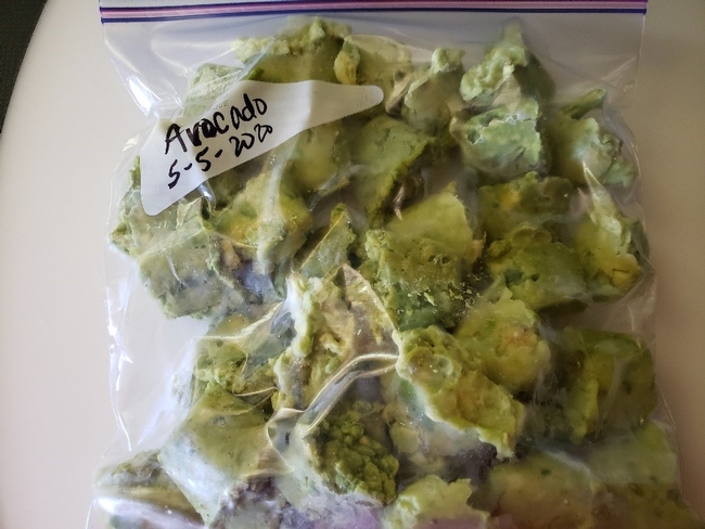 Frozen avocado cubes bagged and labeled