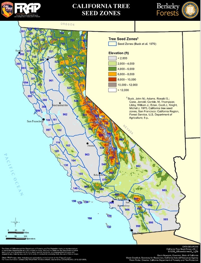 Map of California showcasing the seed zones of California, along with a heat map of elevation. SourceL CALFIRE FRAP.