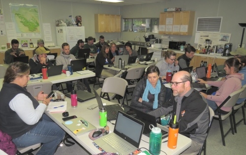 Workshop participants learn to stitch drone images with photogrammetry software, April 2019