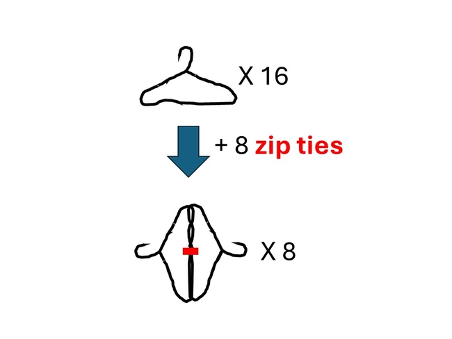 Drawing showing how to connect 16 single hangers into 8 pairs of 2 hangers, by connecting the flat sections only