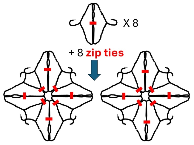 Schematic showing how to take 8 pairs of hangers and connect them to form 2, 4-point snowflakes