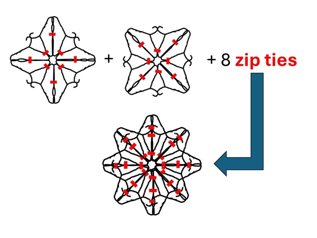 Schematic showing how to combine 2, 4-point snowflakes together by layering them.