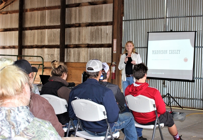 Maddison Easley gives a keynote address to students at 2018 Beef & Range Field Day.