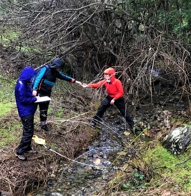 3 UC Davis Hydrology students collecting data from a stream during rainy weather.