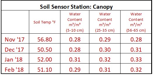 This table show soil temperature and moisture levels under tree canopy